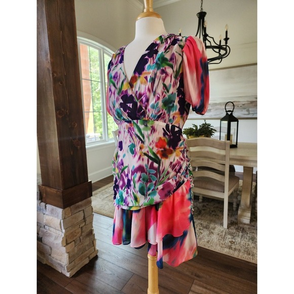 ONE33 SOCIAL - RUCHED FLORAL-PRINT CREPE DE CHINE MINI DRESS - PINK - US 12 - Picture 5 of 10